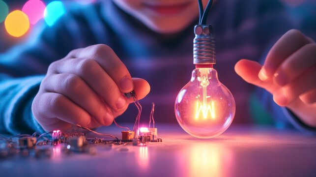 Naklejki Child Engaging in Hands-On Electrical Experimentation with Glowing Bulb and Components in Colorful Ambient Light