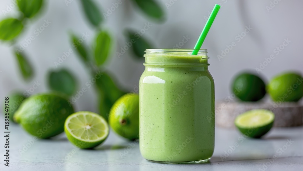 Aufkleber fresh feijoa smoothie presented in a mason jar on a light-colored table, close-up. area for text
