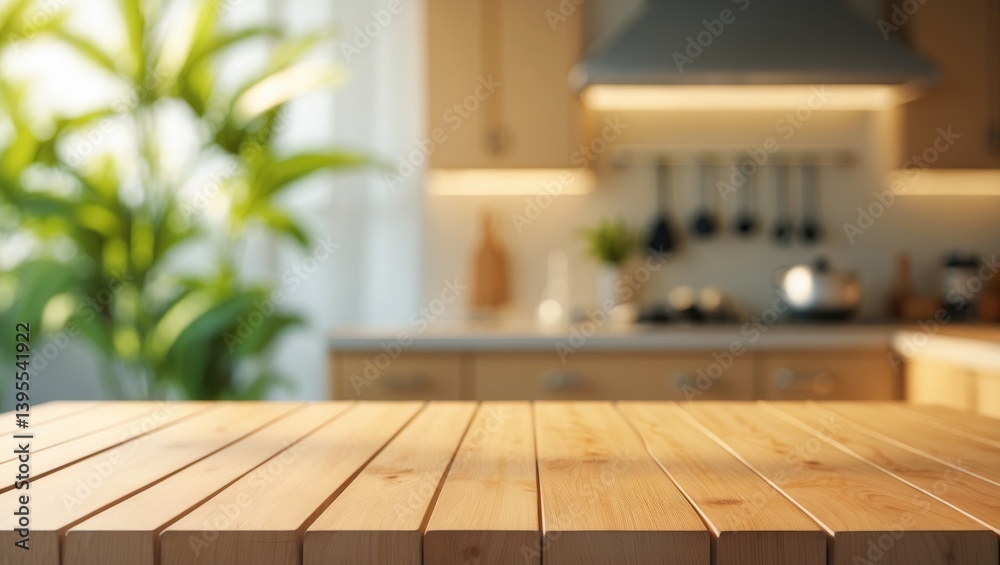 Poster blurred kitchen counter backdrop with a focus on wooden table top for product display montage or key