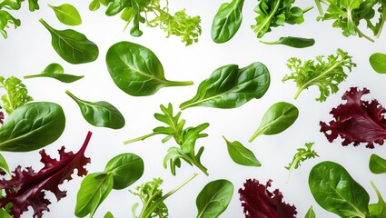 Isolated Flying Salad Leaves on White Background. Fresh Mixed Salad Featuring Arugula, Lettuce, Spinach, and Beet Leaves.