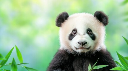 Obraz premium Close-Up of a Giant Panda Surrounded by Bamboo Leaves in a Tranquil Natural Setting
