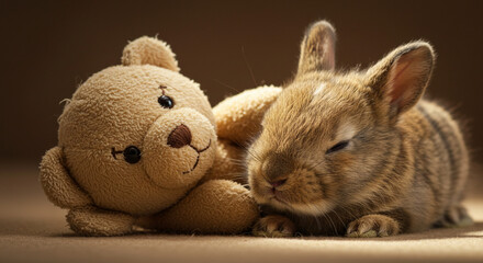 Fototapeta premium Sleeping Bunny Resting with a Stuffed Animal Friend