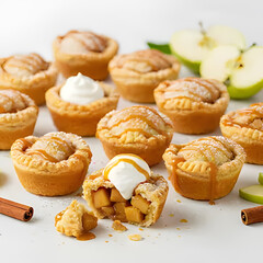 "Mini Apple Pies with Caramel Drizzle, Whipped Cream Topping, and Fresh Apple Garnish – Perfect for Desserts, Parties, and Sweet Treats."


