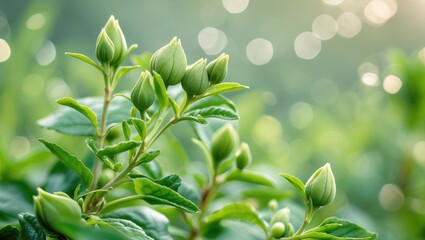 New tea buds and leaves. Tea farms.