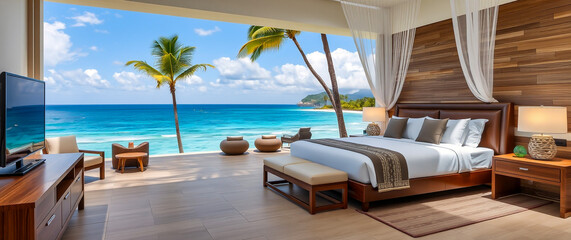 Obraz premium A luxurious hotel room interior featuring a panoramic ocean view, palm trees and a comfortable bedroom setting. Enjoy the ultimate relaxation and escape to paradise with stunning ocean view.