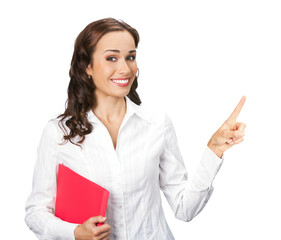 Portrait image of cute smile business woman hold red folder showing, advertising or pointing free space text area, isolate white background. Businesswoman, office worker, teacher, real estate agent.