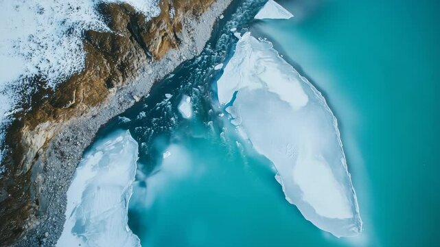 The image features floating icebergs in vibrant turquoise waters, bordered by snowy rocky terrain.