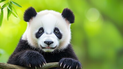Fototapeta premium Close-Up Portrait of a Giant Panda Resting on a Branch Surrounded by Lush Green Foliage