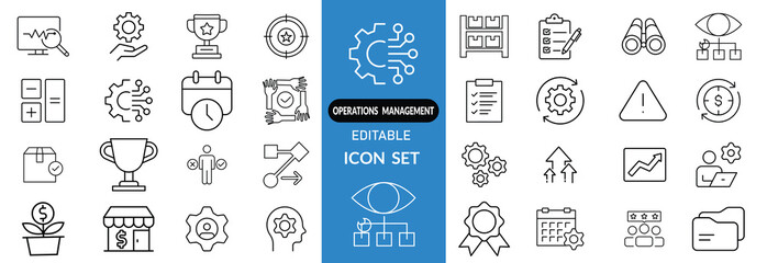 Operation management and business administration editable stroke outline icons set isolated on white background flat vector illustration 
