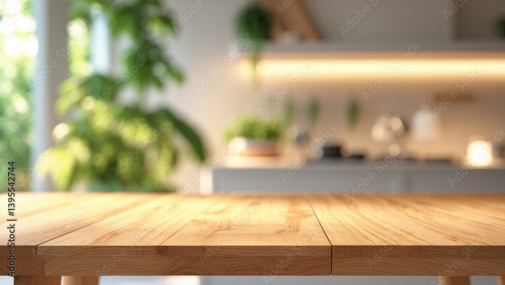 Poster focused view of wood table top set against a blurred kitchen counter background for montaging produc