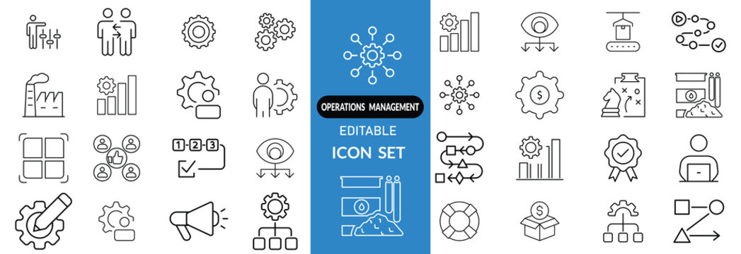 Operations management web icons in line style. Logistics, business process, maintenance, supply chain, improvement, planning, Audit, processing, operation collection. Editable stroke outline icon.