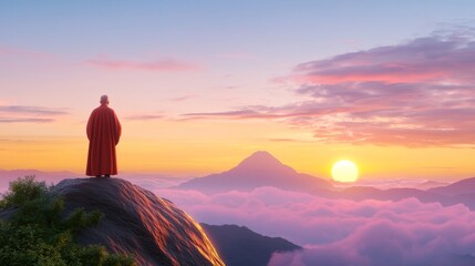 Obraz premium Monk in Red Robe Standing on Rocky Peak at Colorful Sunrise Above Clouds with Distant Mountain