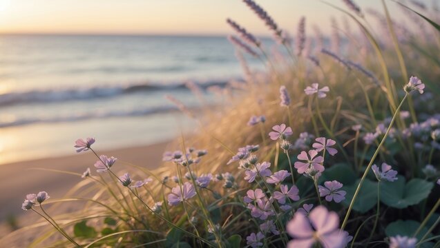 Sunlit clover and grass blossoms along the seaside