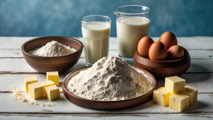 Fototapeta premium Ingredients for a scrumptious homemade cake on a white wood table set against a blue background