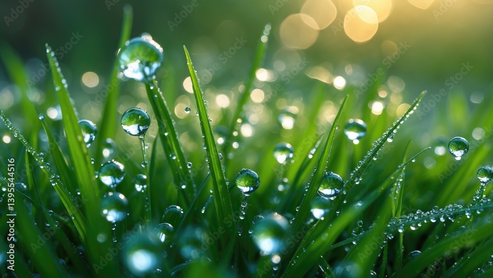 Poster natural background featuring morning dew on spring grass, close-up with shallow depth of field.