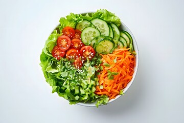 Fresh garden salad with lettuce, tomatoes, cucumbers, and carrots on white background in studio light
