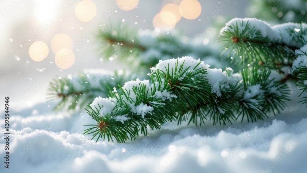 Poster fluffy green fir tree limb resting on snow. wallpaper inspiration. empty space available