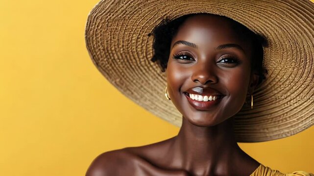 Beautiful and elegant black woman with summer straw hat isolated on yellow background