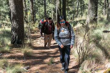 Hikers walking in the forest trail near apatlaco waterfalls, iztaccihuatl and popocatepetl volcanoes