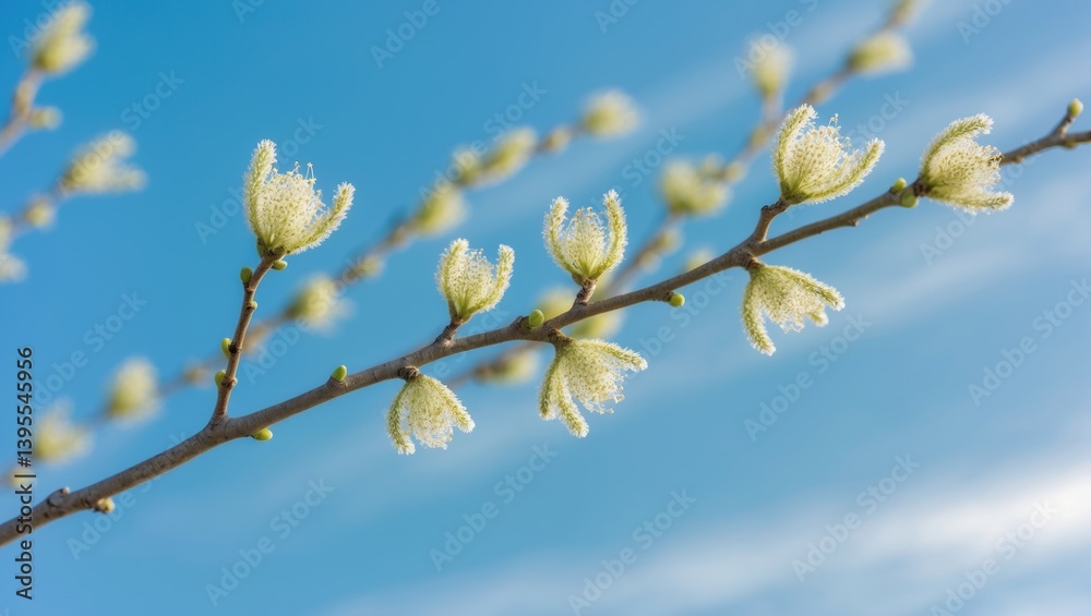 Poster swaying shrub branch adorned with flowering willow-catkins in a gentle breeze.