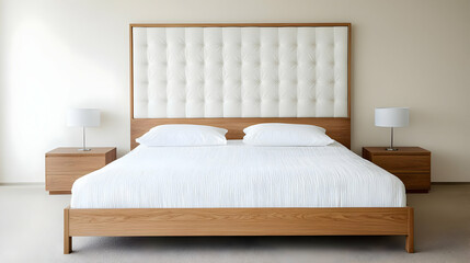Modern Wooden Bed With White Upholstered Headboard In Empty Bedroom