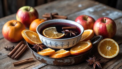 Spiced mulled wine in a dish on a wooden countertop close-up