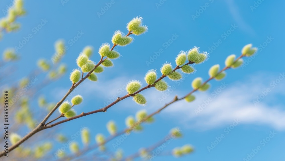 Poster willow-catkins blooming on a shrub branch swaying in the soft wind.