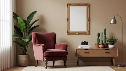 Fototapeta premium Retro interior design of living room with stylish vintage chair and table, plants, cacti, personal accessories and gold mock up poster frame on the beige wall.