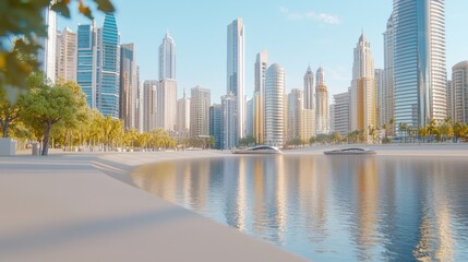 Futuristic coastal cityscape at dawn gigapixel quality urban environment modern architecture serene reflection