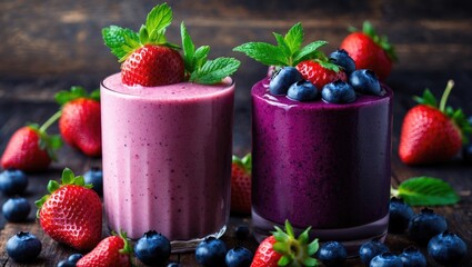 Smoothie of Fresh Blueberries and Strawberries Against a Background