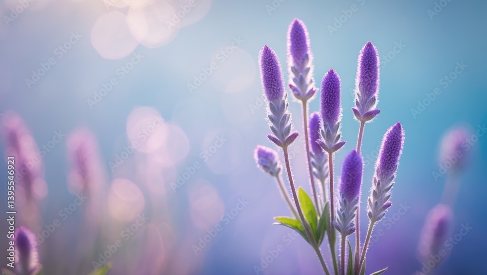 Poster close-up macro of blooming forest flowers in spring with a soft focus on a light blue outdoor backdr