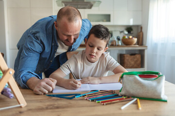 Home learning, dad or school kid studying for knowledge, education or growth development. Happy, father teaching or boy writing, working or counting numbers for math test in notebook.