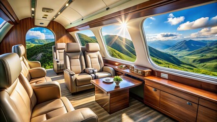 Fototapeta premium Luxurious Private Jet Interior: Plush Leather Seats & Scenic Landscape
