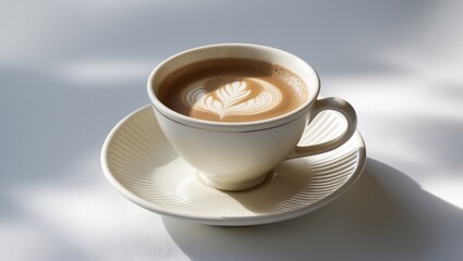 Obraz premium Light porcelain cup filled with fresh hot creamy coffee against a white background.