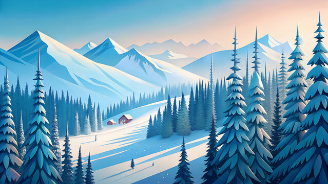 Pine forests of Auli with ski slopes in winter generative ai