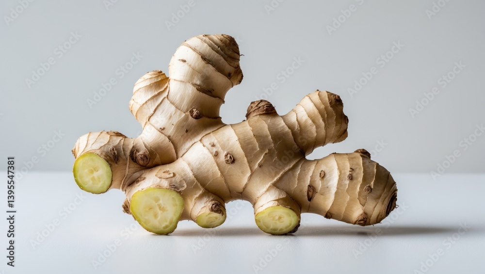 Poster ginger displayed on a white surface. medical herb concept. culinary use of gingers for flavor. ginge