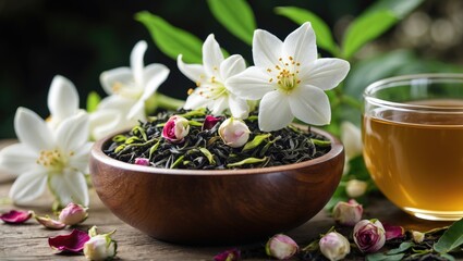 Refreshing green tea infused with the scent and blossoms of white jasmine, genuine tea leaves combined with aromatic jasmine flowers