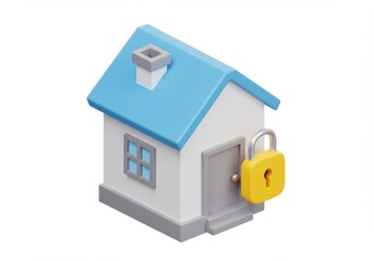 Cartoon house with blue roof and yellow padlock on door isolated on white background