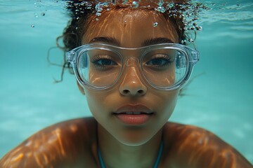 Naklejka premium Underwater shoot of a woman plunging in a swimming pool 