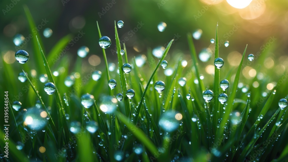 Poster close-up of fresh morning dew on spring grass, natural setting - shallow depth of field.
