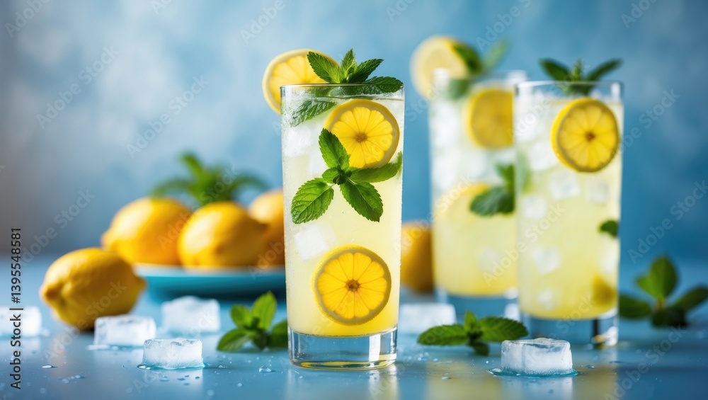 Poster refreshing summer drink featuring lemons, mint, and ice, selective focus image in slider format