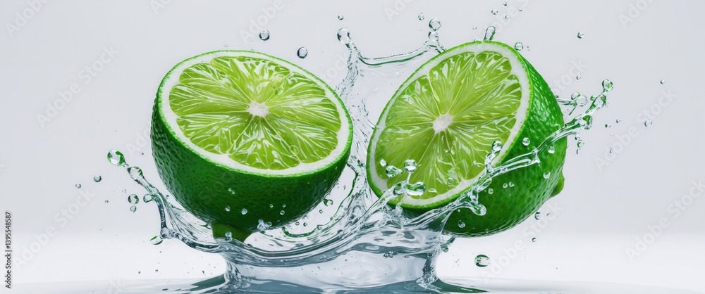 Poster isolated background featuring a halved fresh lime and water splash.