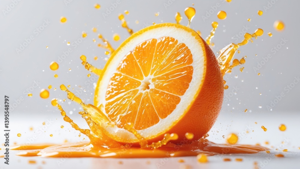 Poster sliced orange in motion freeze with juice splashing on background