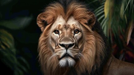 Fototapeta premium Majestic lion portrait showcasing its intense gaze amidst lush tropical foliage