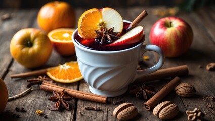 Fototapeta premium Close-up of fragrant mulled wine in a bowl on wooden tabletop