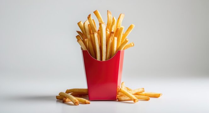 Red fry box with French fries on a white background