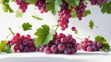 Fototapeta premium Vibrant ripe grapes accompanied by airborne leaves set on a white background