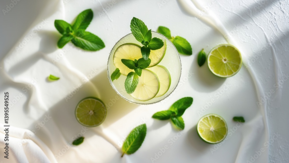 Poster top view of a cocktail featuring lime, fresh mint, and ice on a white textured background. a refresh