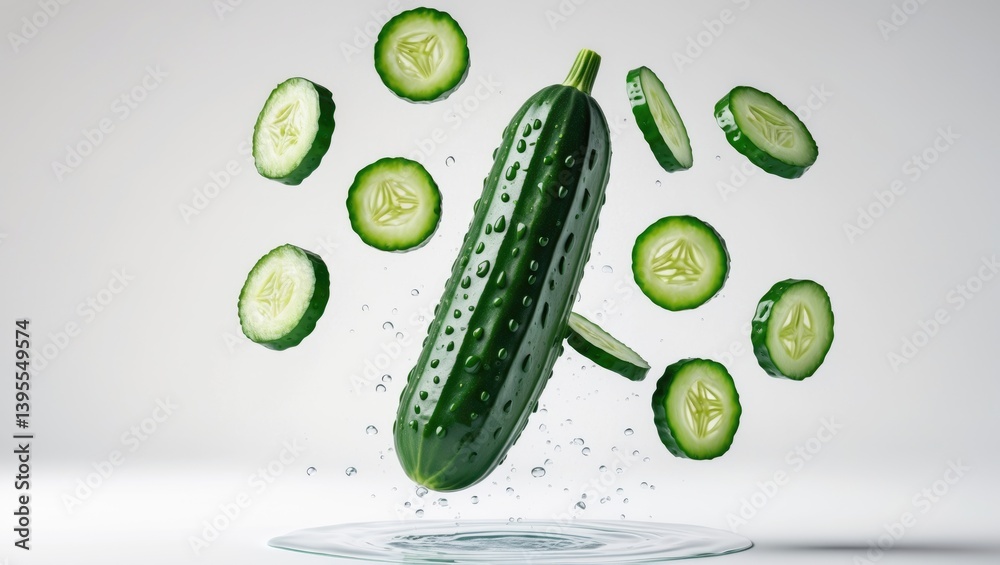 Aufkleber collection of sliced flying cucumber with water drop isolated against a white background.