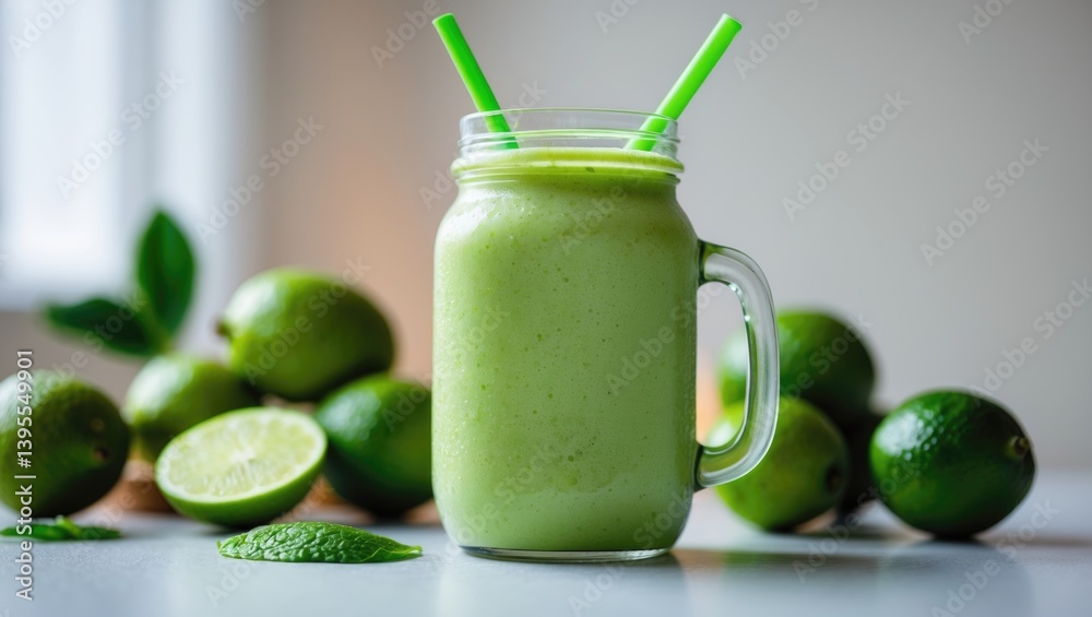 Poster mason jar filled with fresh feijoa smoothie on a bright table, close-up view. text space available